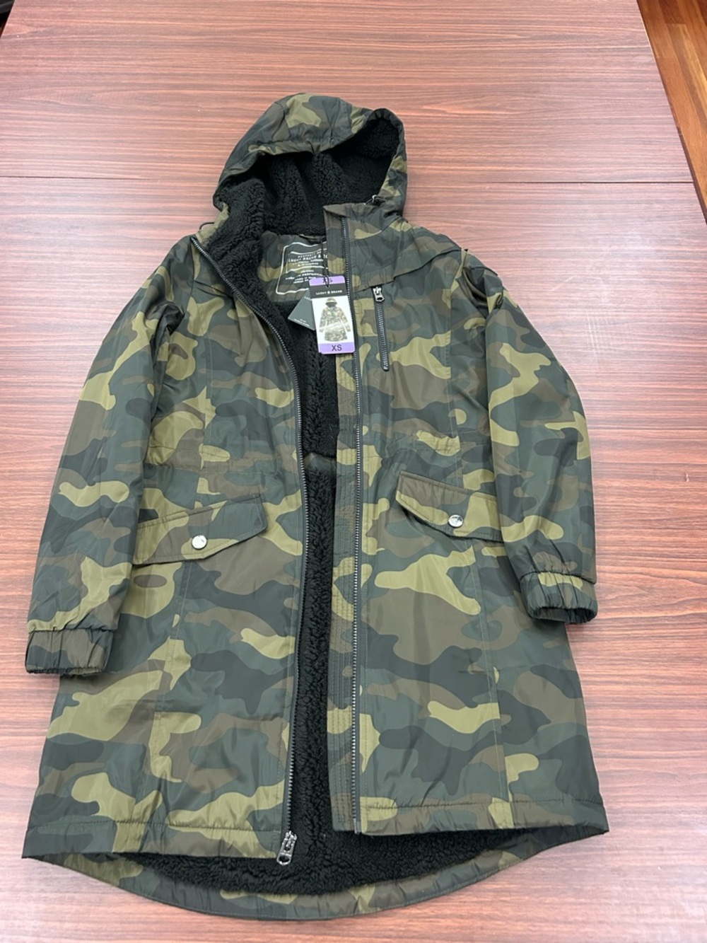 Lucky Brand Women Camo Hooded Coat - XS Green & Black